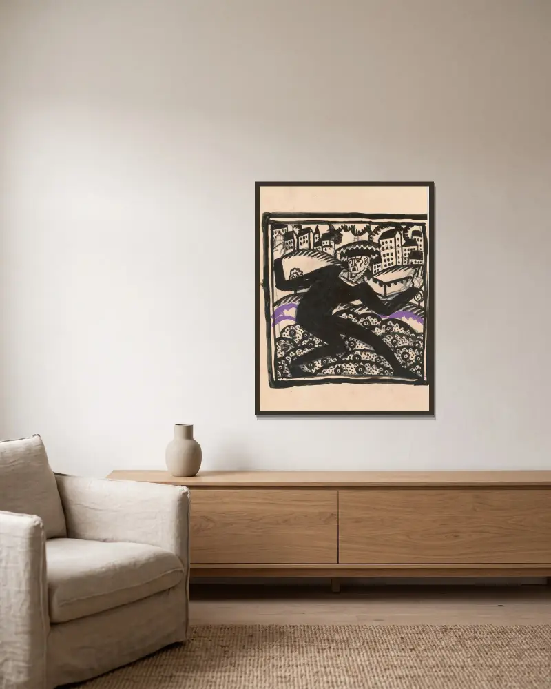Design for fine art print, ‘The Mad Dancer’.] [Original study for woodcut print av Winold Reiss inramad på en vägg
