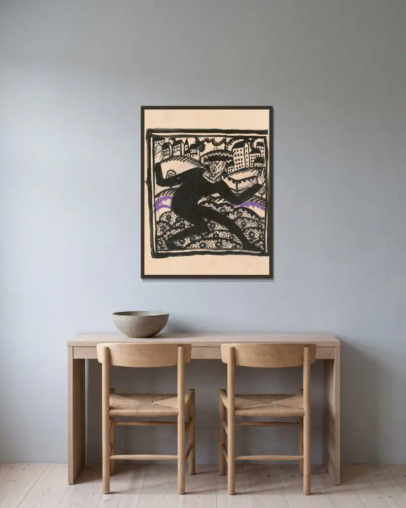 Design for fine art print, ‘The Mad Dancer’.] [Original study for woodcut print av Winold Reiss inramad på en vägg