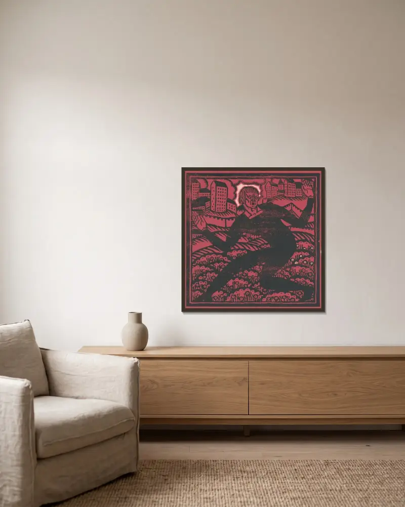 Design for fine art print, ‘The Mad Dancer’.] [Woodcut print av Winold Reiss inramad på en vägg