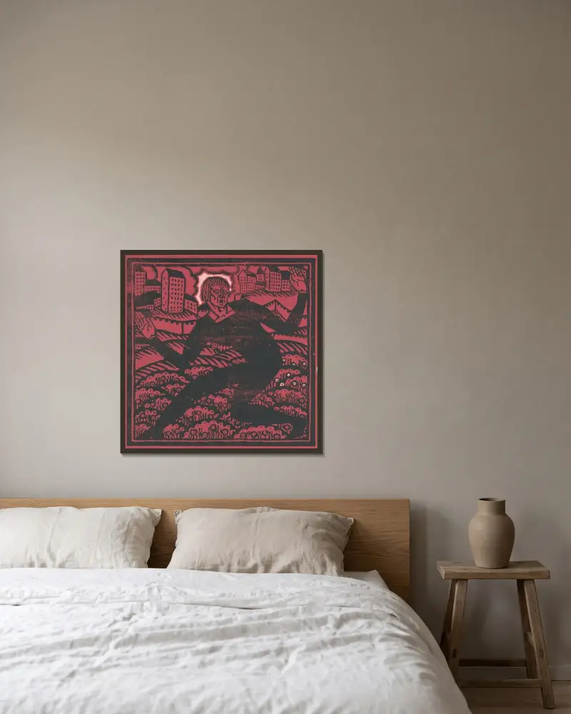 Design for fine art print, ‘The Mad Dancer’.] [Woodcut print av Winold Reiss inramad på en vägg