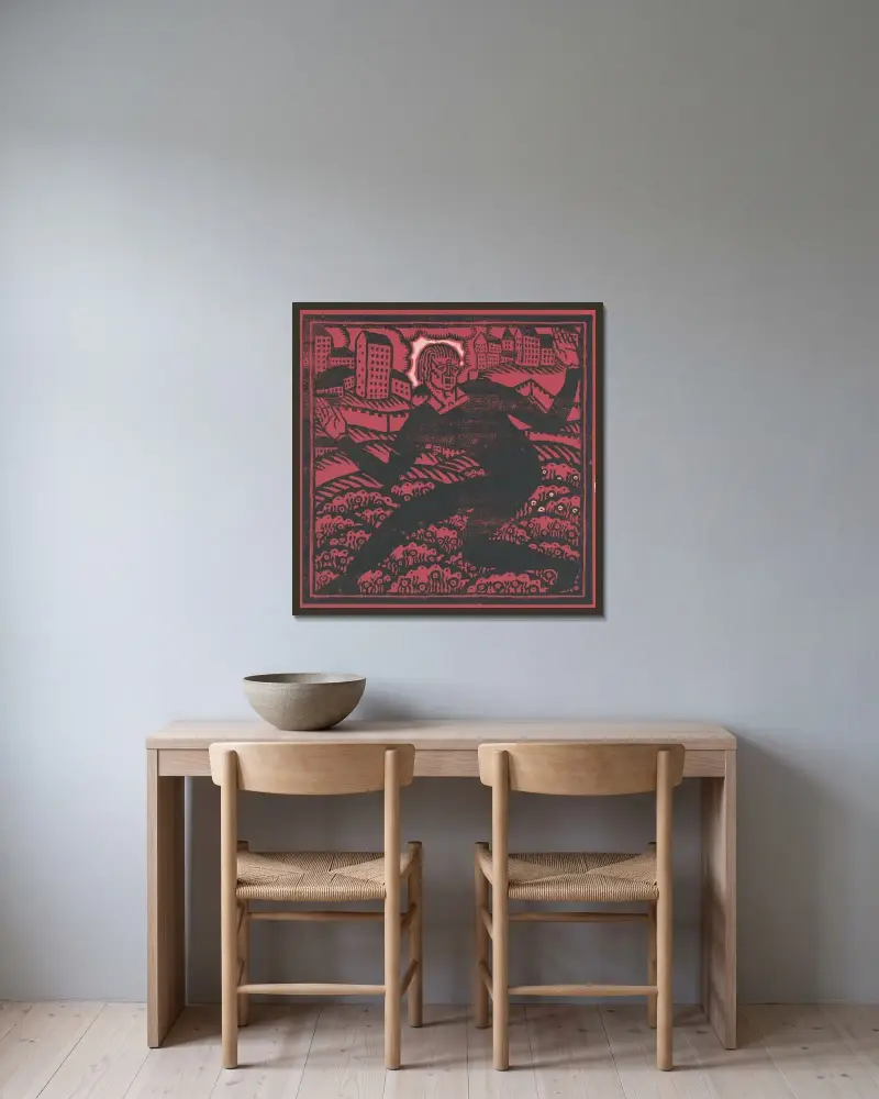 Design for fine art print, ‘The Mad Dancer’.] [Woodcut print av Winold Reiss inramad på en vägg