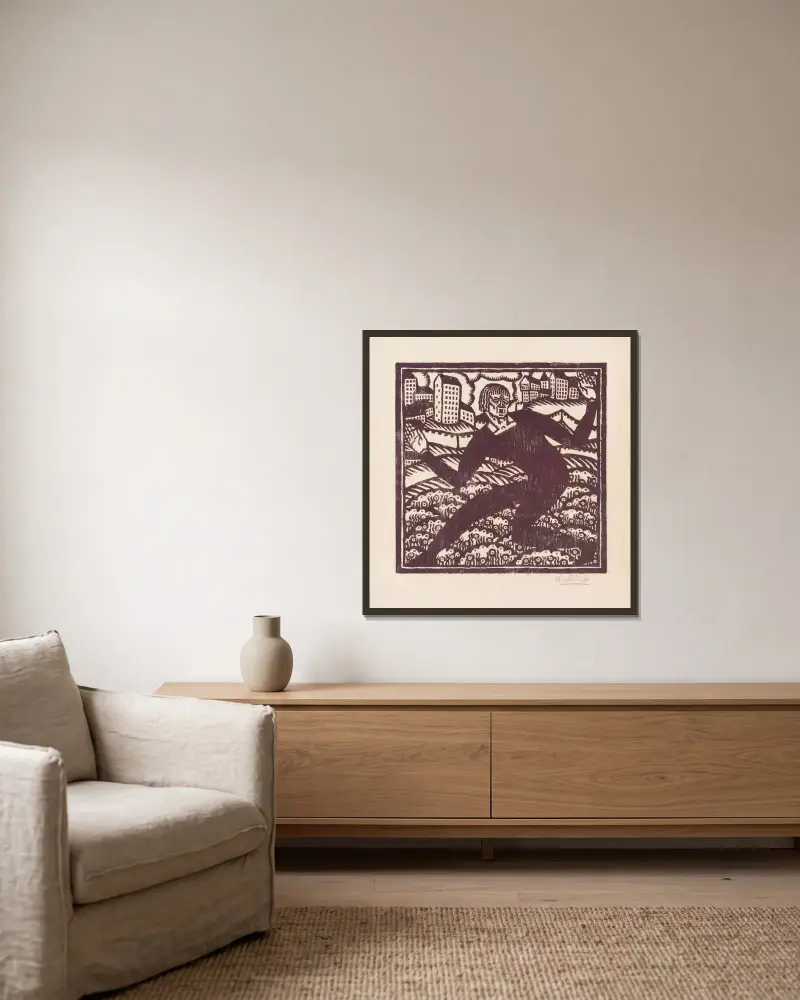 Design for fine art print, ‘The Mad Dancer’.] [Woodcut print av Winold Reiss inramad på en vägg