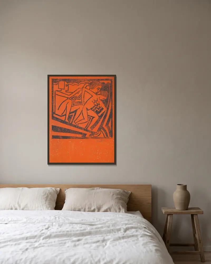 Design för konsttryck, 'Tre figurer' av Winold Reiss inramad på en vägg
