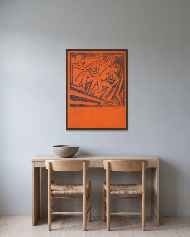 Design för konsttryck, 'Tre figurer' av Winold Reiss inramad på en vägg