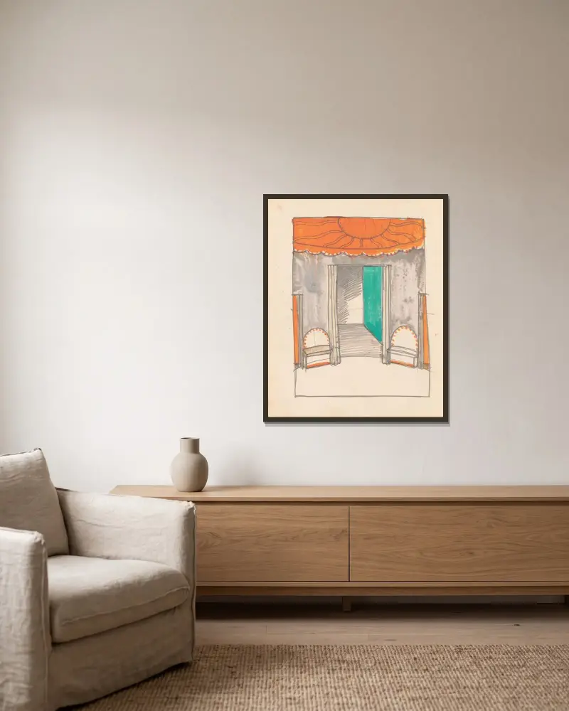 Design for miscellaneous interior.] [Sketch of interior av Winold Reiss inramad på en vägg