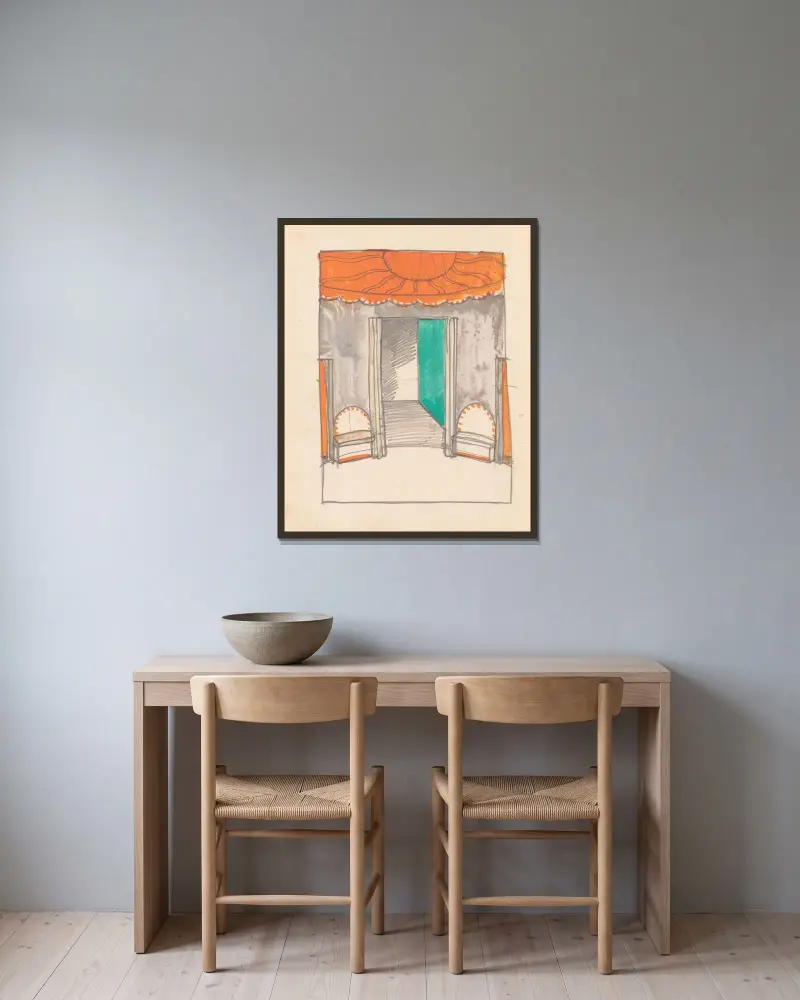 Design for miscellaneous interior.] [Sketch of interior av Winold Reiss inramad på en vägg