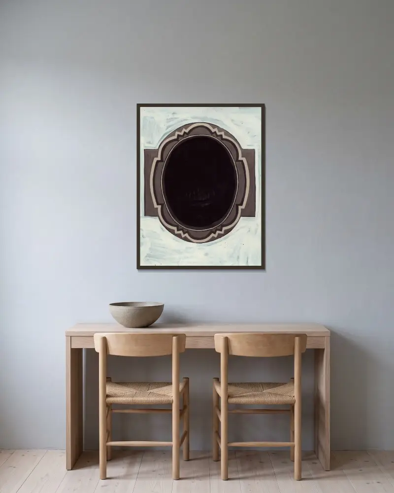 Design för oval medaljong och Ruppert Beer-logotyp, svart av Winold Reiss inramad på en vägg
