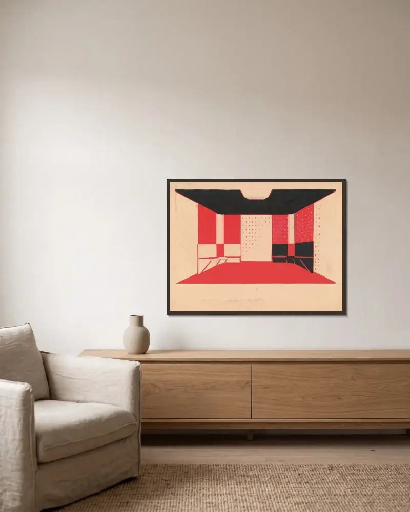Design for unidentified building ‘Small Dining Room’.] [Drawing of dining room with benches, in black, vermillion and white, bilaterally positive and negative coloring av Winold Reiss inramad på en vägg