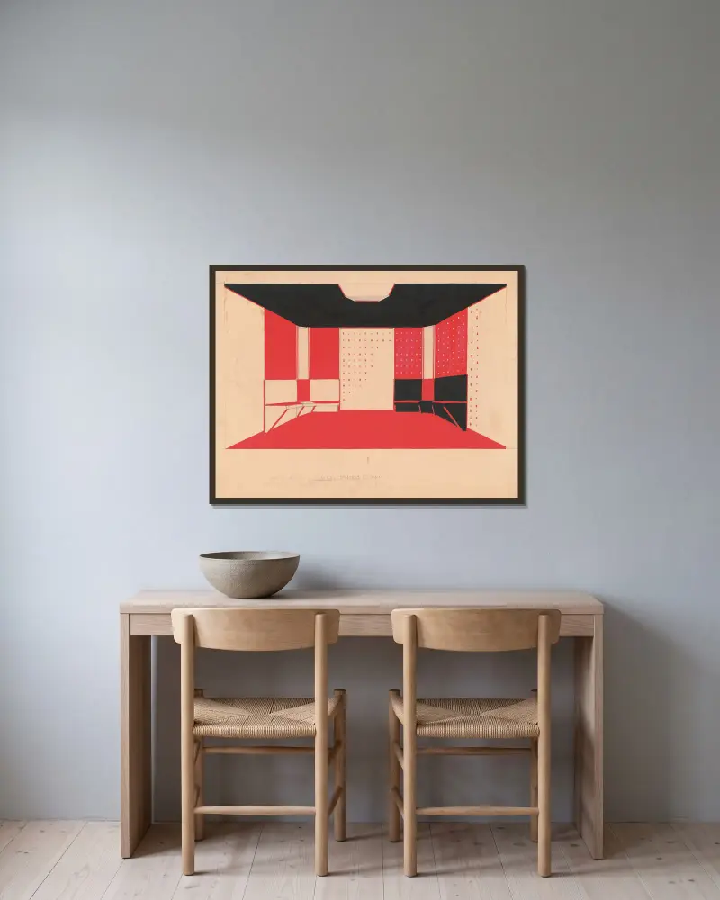 Design for unidentified building ‘Small Dining Room’.] [Drawing of dining room with benches, in black, vermillion and white, bilaterally positive and negative coloring av Winold Reiss inramad på en vägg