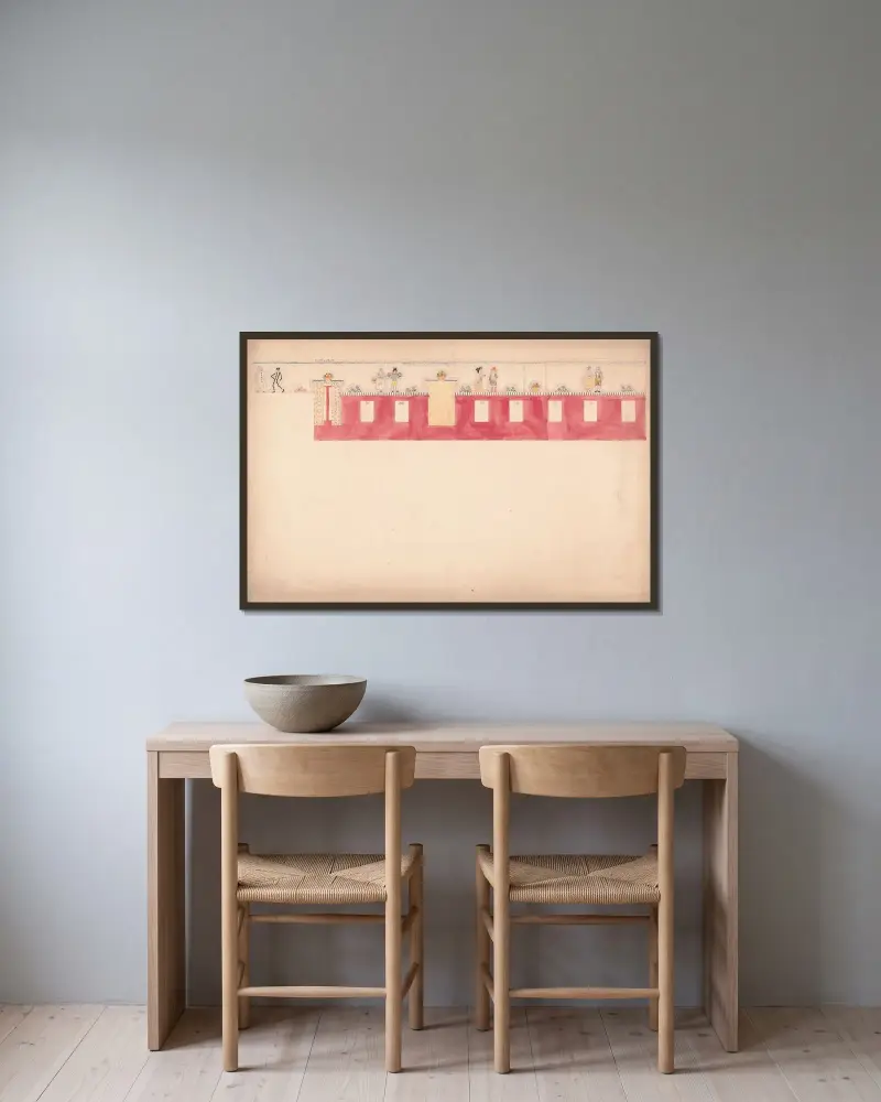 Design for unidentified commercial interior, possibly restaurant or bakery. Elevation with frieze of paired figures av Winold Reiss inramad på en vägg