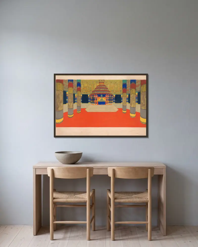 Design for unidentified interior.] [Drawing of columned hall with altar on a stepped plinth and decorative frieze featuring elephants av Winold Reiss inramad på en vägg