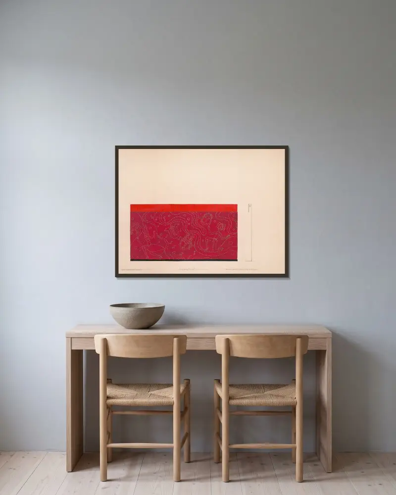 Design for unidentified restaurant, possibly Dunhall’s Restaurant, New York, NY.] [Mural of masks and dancing figures (‘Wall treatment in foyer’) av Winold Reiss inramad på en vägg