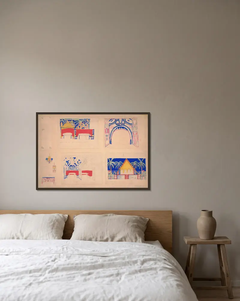 Designs for Alamac Hotel Congo Room, 71st and Broadway, New York, NY.] [Six color studies of interior, furniture, and murals av Winold Reiss inramad på en vägg