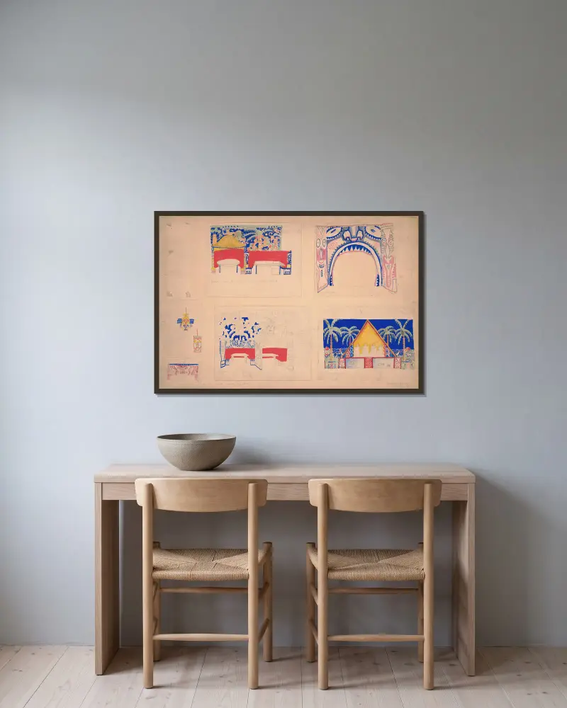 Designs for Alamac Hotel Congo Room, 71st and Broadway, New York, NY.] [Six color studies of interior, furniture, and murals av Winold Reiss inramad på en vägg