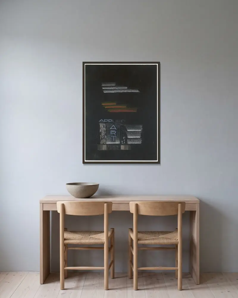Designs for Exhibition of Applied Arts Building, New York World’s Fair, 1939.] [Study for front of the building av Winold Reiss inramad på en vägg