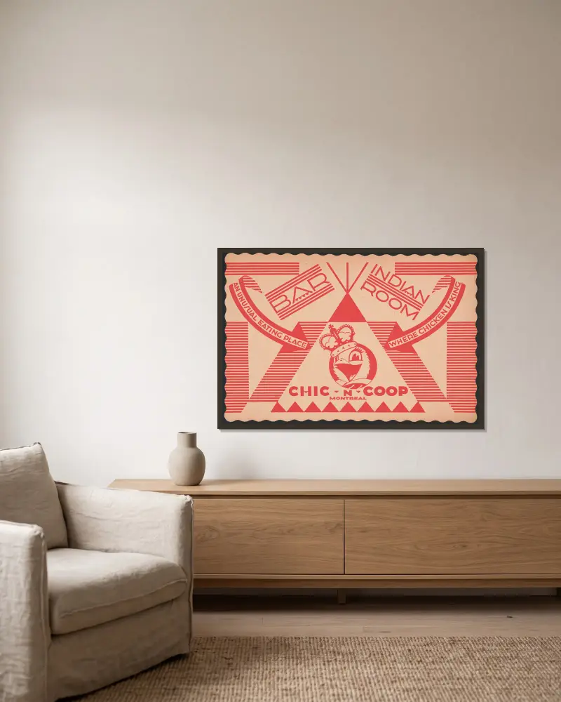 Designs for Indian Room, Chic-n-Coop Restaurant, Montreal, Canada.] [Placemat design with chicken character wearing crown av Winold Reiss inramad på en vägg