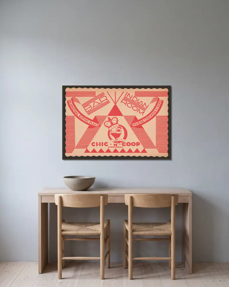 Designs for Indian Room, Chic-n-Coop Restaurant, Montreal, Canada.] [Placemat design with chicken character wearing crown av Winold Reiss inramad på en vägg