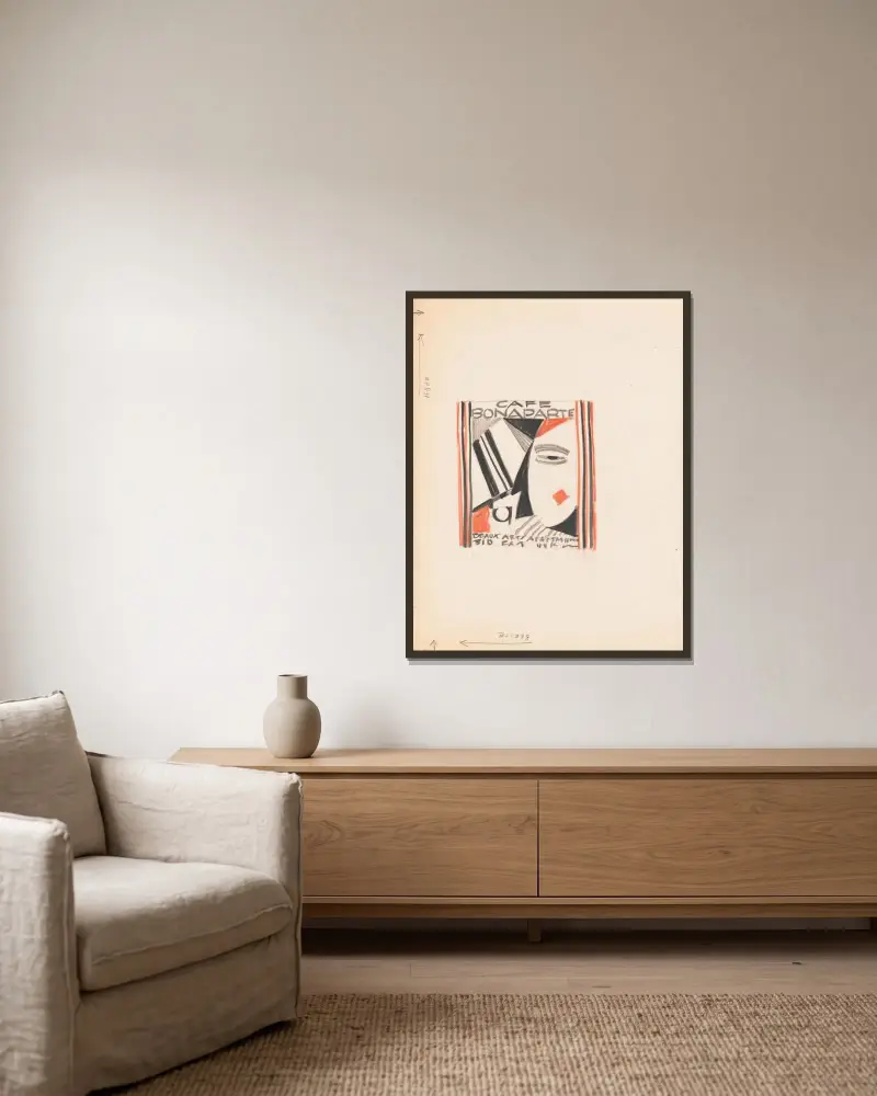 Menüentwürfe für das Café Bonaparte, Beaux-Arts Apartments, 310 E. 44th St., New York, NY.] [Skizzen für die Speisekarte des Café Bonaparte von Winold Reiss gerahmt an einer Wand