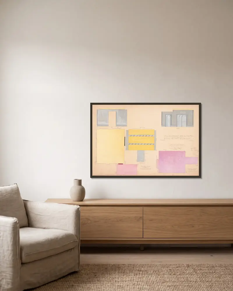Designs for Modern Hotel Suite, Du Pont Biltmore Hotel, Wilmington, Delaware.] Colour chart for Suite 210 av Winold Reiss inramad på en vägg