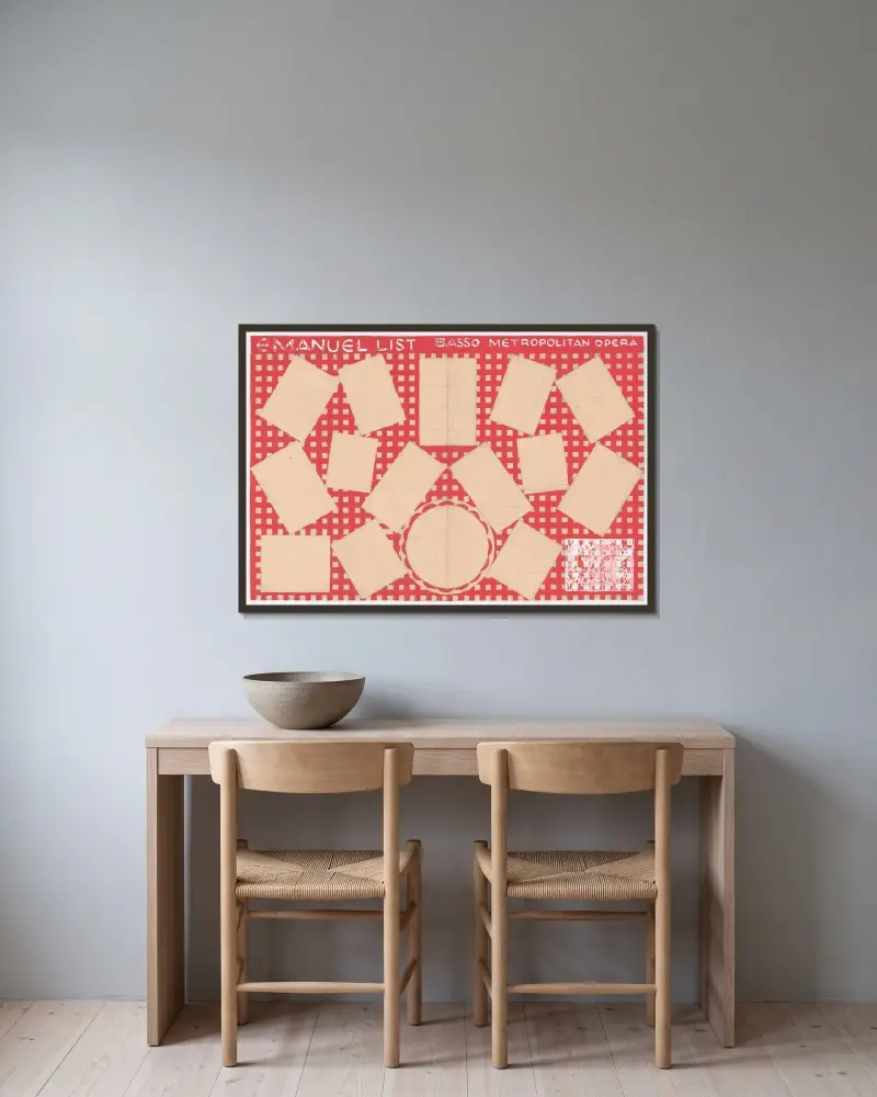 Design för reklammaterial för operasångaren Emanuel List av Winold Reiss inramad på en vägg