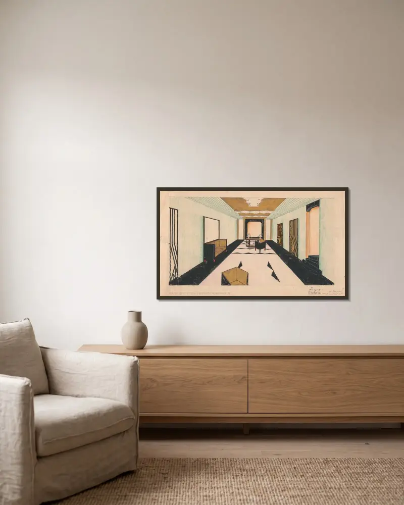 Designs for Shellball Apartments, 8300 Talbot St. at Lefferts Blvd., Kew Gardens, New York, NY.] [Perspective drawing of lobby av Winold Reiss inramad på en vägg