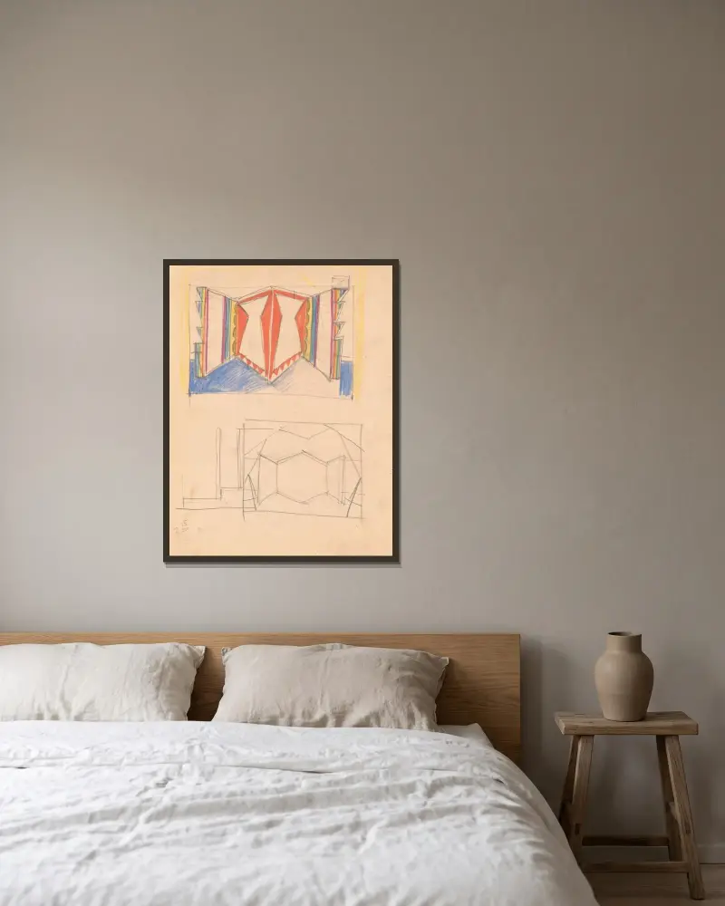 Designs for staged commercial or trade exhibition displays of coal-fired water heaters and furniture.] [Perspective sketch in orange with rainbow edges av Winold Reiss inramad på en vägg