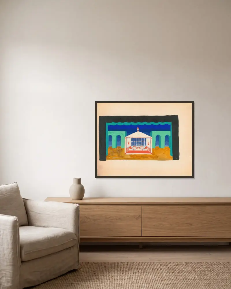 Designs for theater with black-framed proscenium and boldly colored settings.] [Study for stage light wall decoration, Caf ̌Crillon (277 Park Avenue) av Winold Reiss inramad på en vägg