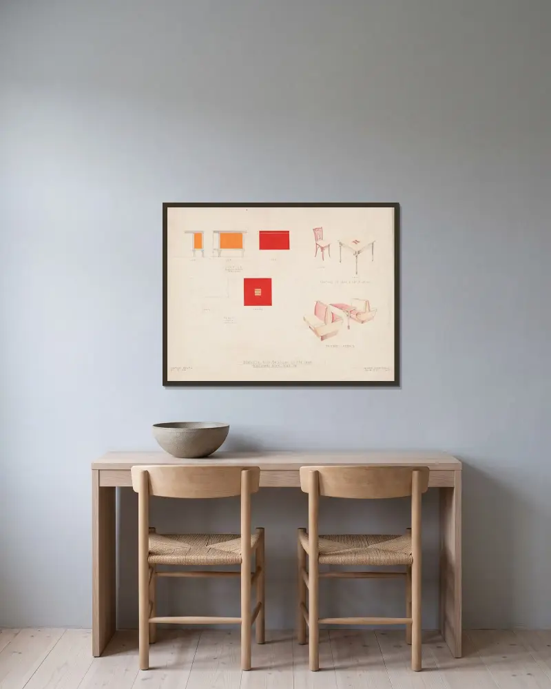 Rysunki do proponowanej redekoracji kawiarni Yorketowne, zlecenie nr 238, York, PA. [Rysunek nr 6, plany wnętrza: stoły, lady, ławy, Winold Reiss w ramie na ścianie