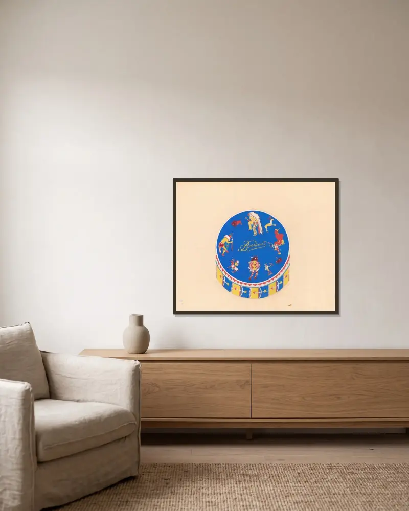Graphic design drawings for Barricini Candy packages.] [3-D Study, circular candy box with Indian motif on blue background av Winold Reiss inramad på en vägg