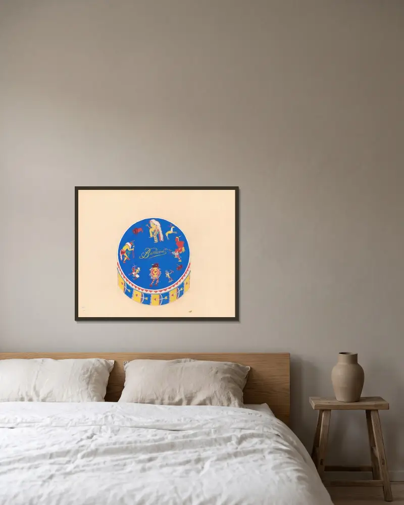 Graphic design drawings for Barricini Candy packages.] [3-D Study, circular candy box with Indian motif on blue background av Winold Reiss inramad på en vägg