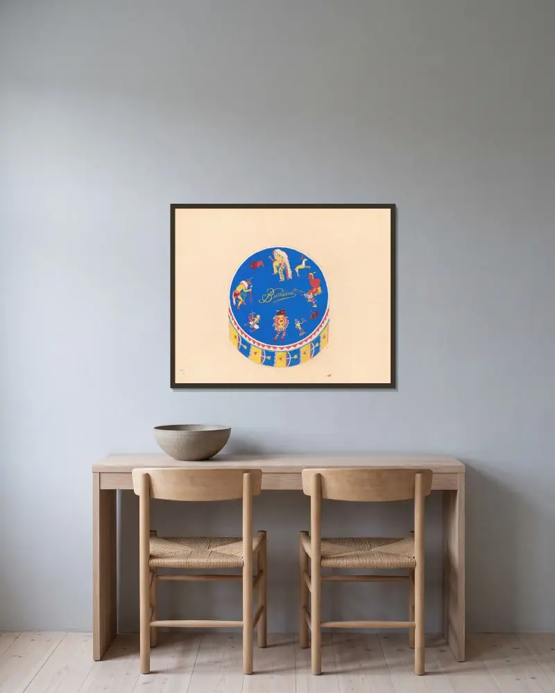 Graphic design drawings for Barricini Candy packages.] [3-D Study, circular candy box with Indian motif on blue background av Winold Reiss inramad på en vägg