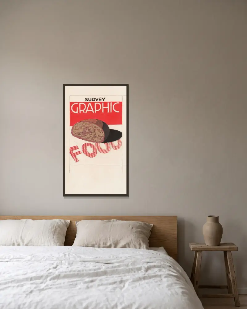 Grafikdesign für das Cover des Survey Graphic Magazine; „Food“, 1948 – Nr. 2 von Winold Reiss gerahmt an einer Wand
