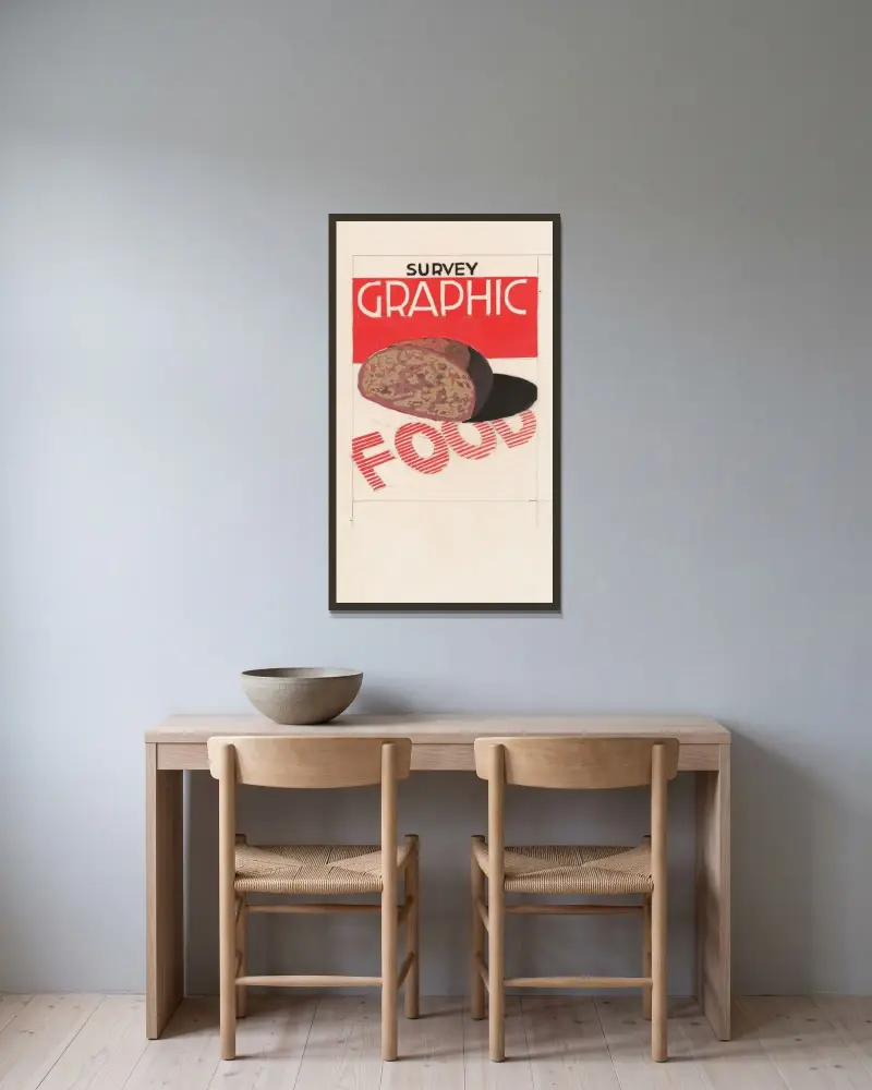 Grafikdesign für das Cover des Survey Graphic Magazine; „Food“, 1948 – Nr. 2 von Winold Reiss gerahmt an einer Wand