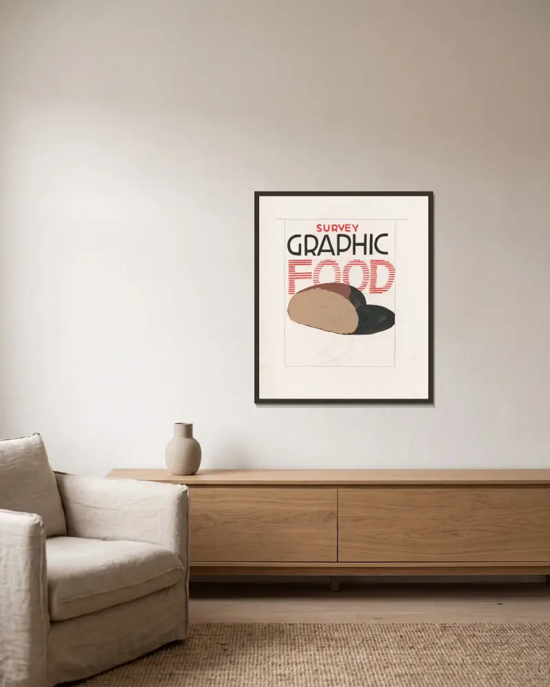 Grafikdesign für das Cover des Survey Graphic Magazine; „Food“, 1948 – Nr. 1 von Winold Reiss gerahmt an einer Wand