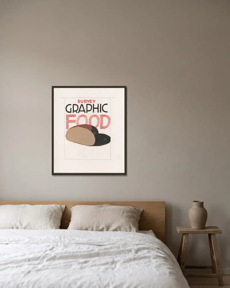 Grafikdesign für das Cover des Survey Graphic Magazine; „Food“, 1948 – Nr. 1 von Winold Reiss gerahmt an einer Wand
