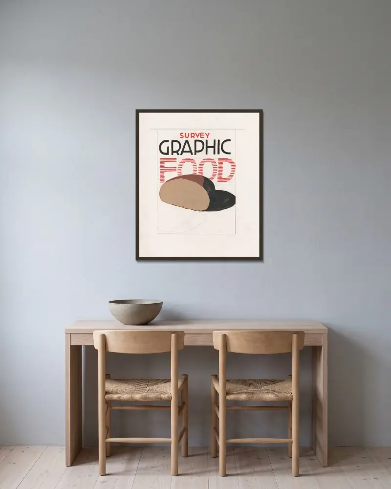 Grafikdesign für das Cover des Survey Graphic Magazine; „Food“, 1948 – Nr. 1 von Winold Reiss gerahmt an einer Wand