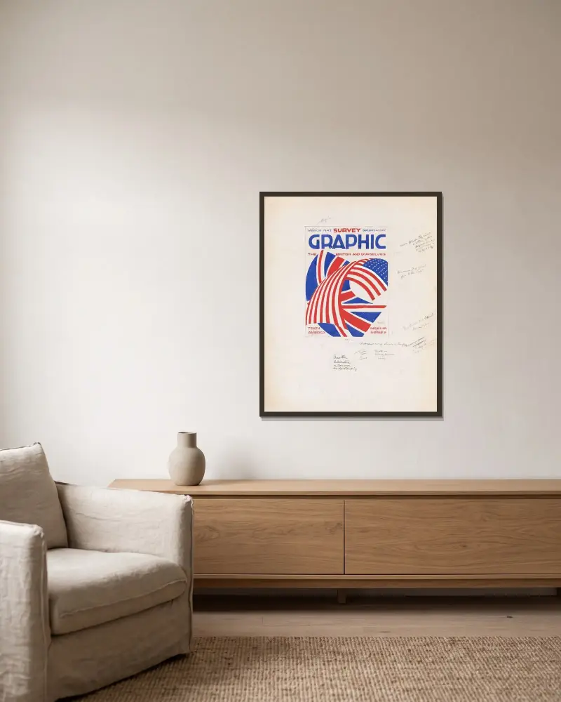 Grafisk form för omslaget till Survey Graphic Magazine; 'The British and Ourselves' av Winold Reiss inramad på en vägg