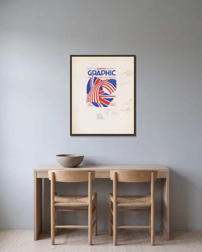 Grafisk form för omslaget till Survey Graphic Magazine; 'The British and Ourselves' av Winold Reiss inramad på en vägg