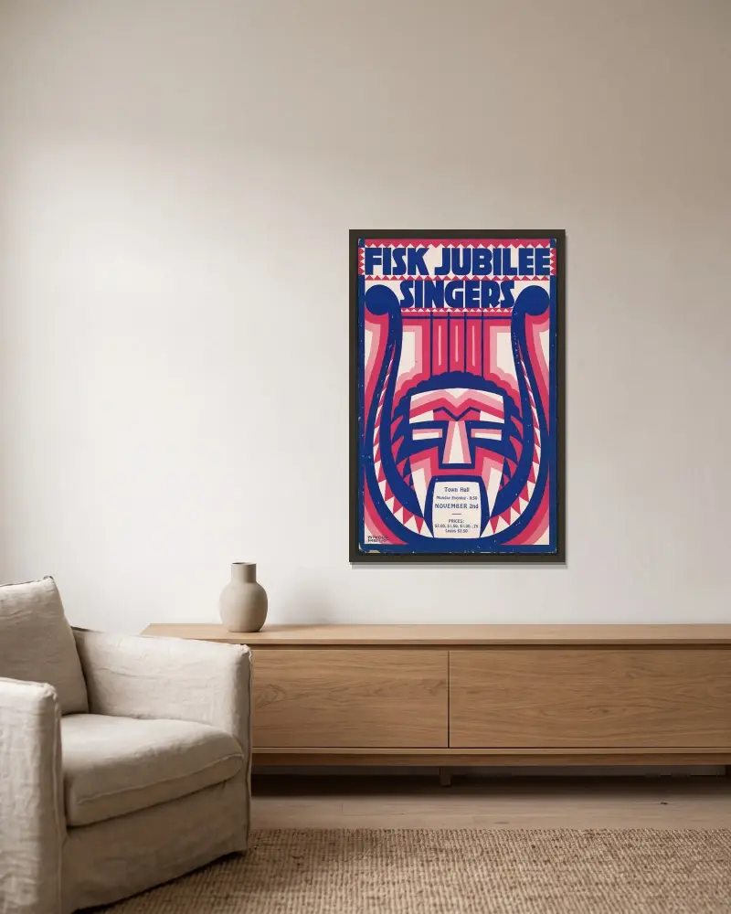 Graphic design for Fisk Jubilee Singers.] [Concert poster with harp and mask motif av Winold Reiss inramad på en vägg