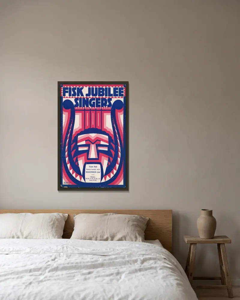 Graphic design for Fisk Jubilee Singers.] [Concert poster with harp and mask motif av Winold Reiss inramad på en vägg