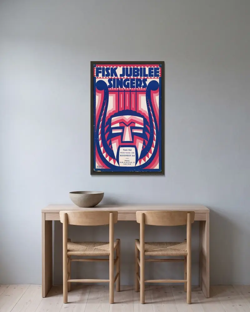 Graphic design for Fisk Jubilee Singers.] [Concert poster with harp and mask motif av Winold Reiss inramad på en vägg