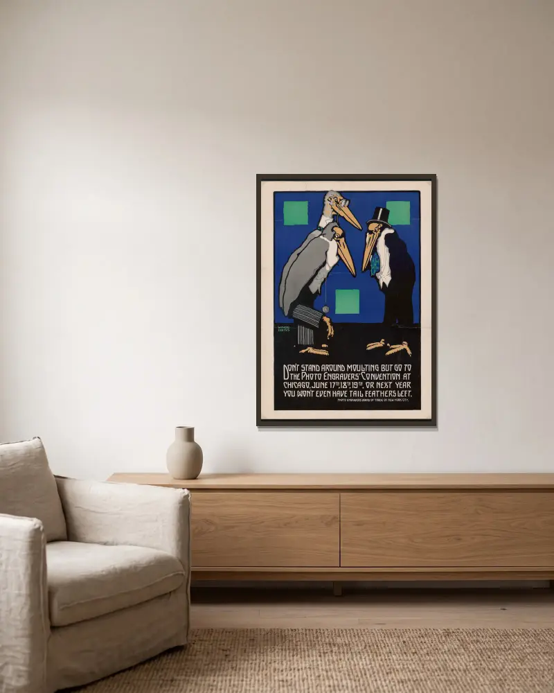 Graphic design for Photo Engravers Convention, Chicago.] [Poster featuring cartoon-like storks av Winold Reiss inramad på en vägg