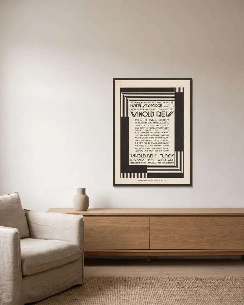Graphic design for St. George Hotel advertisement in Hotel Management Magazine. av Winold Reiss inramad på en vägg