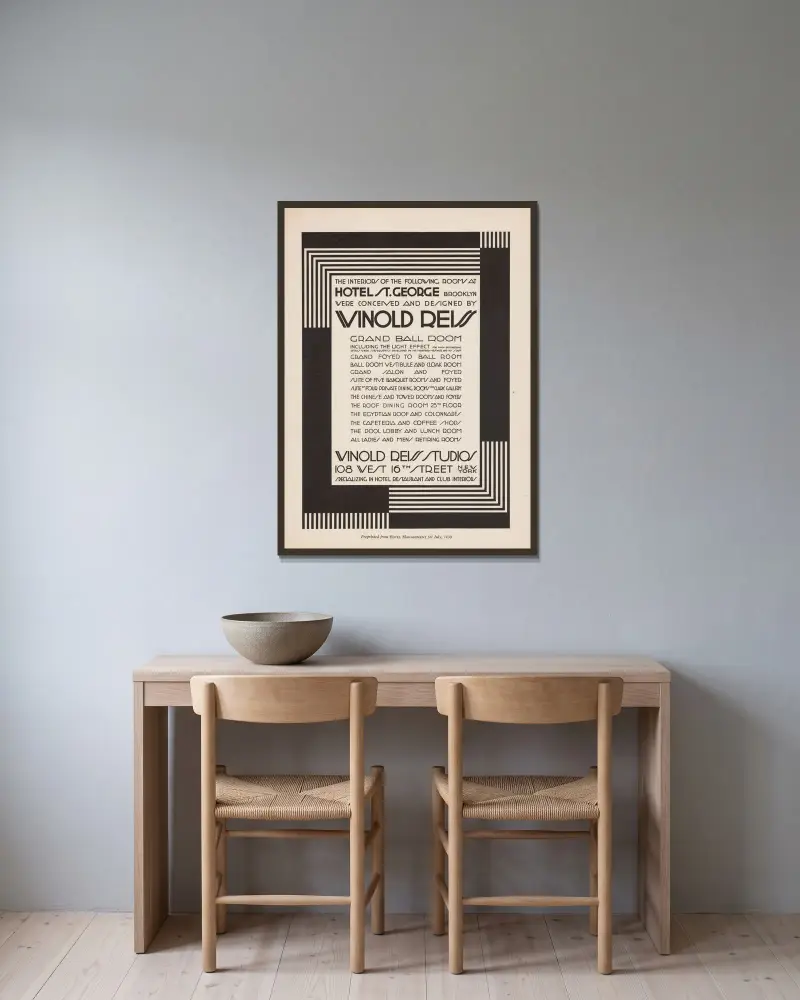 Graphic design for St. George Hotel advertisement in Hotel Management Magazine. av Winold Reiss inramad på en vägg