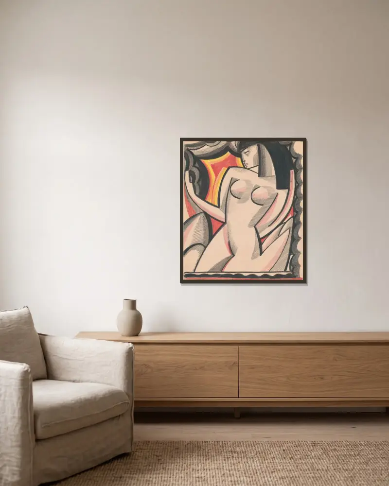 Graphic design of nude female.] [Cubist composition drawing av Winold Reiss inramad på en vägg