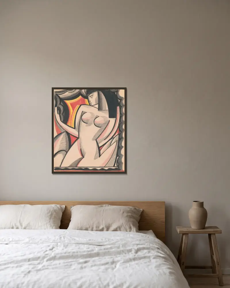 Graphic design of nude female.] [Cubist composition drawing av Winold Reiss inramad på en vägg