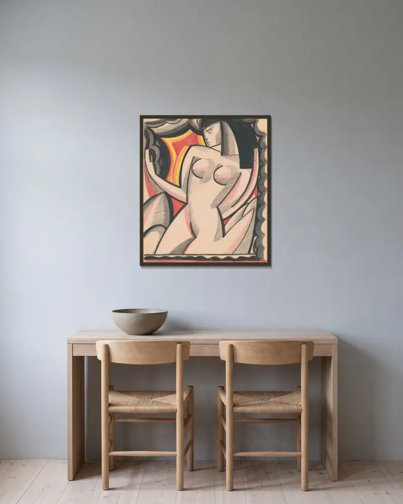 Graphic design of nude female.] [Cubist composition drawing av Winold Reiss inramad på en vägg