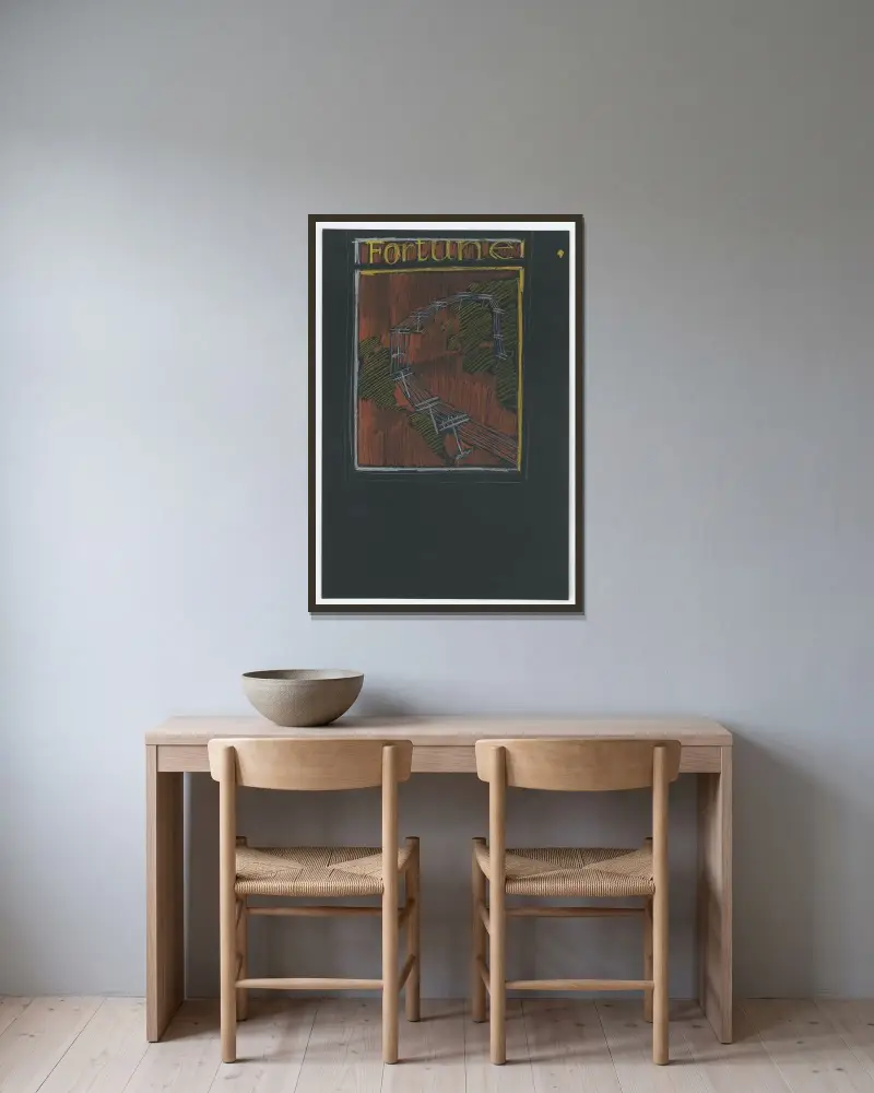 [Graphic designs for Fortune magazine.] [Studies for cover drawn on black paper av Winold Reiss inramad på en vägg