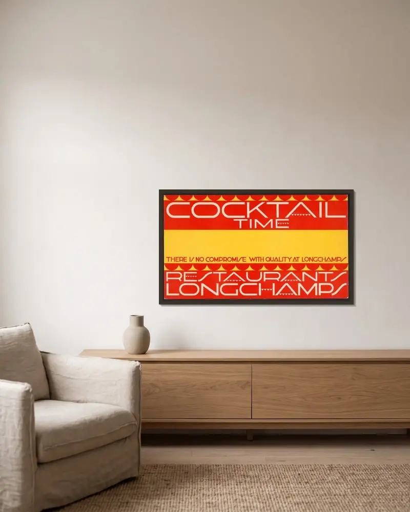 Graphic designs for Longchamps Restaurants.] [Cocktail card av Winold Reiss inramad på en vägg