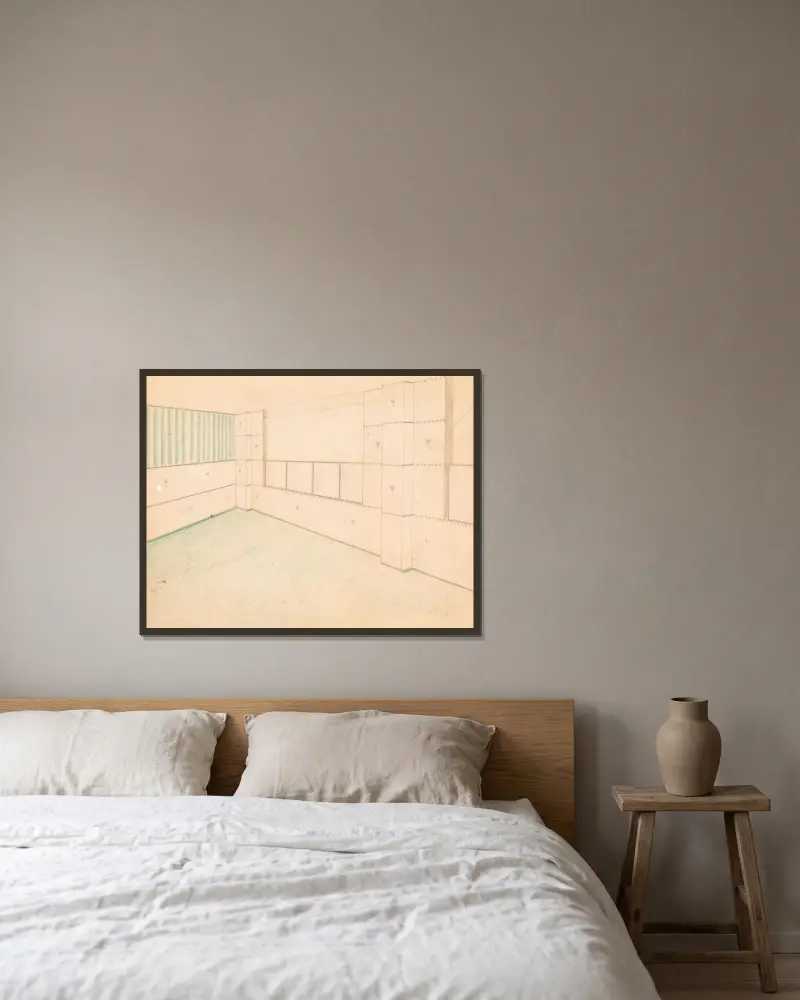 Interior design drawings for unidentified rooms.] [Sketch for interior with green coloring and floral pattern on wall av Winold Reiss inramad på en vägg